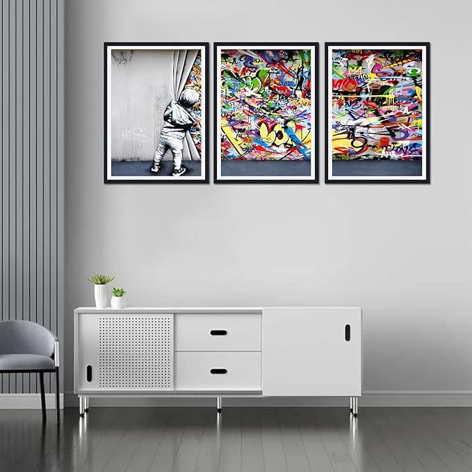 Novatique Banksy Canvas Wall Art Modern Street Wall Art Behind the Curtain Painting Framed Print Graffiti Art Wall Decor for Living Room Bedroom,16" x 24" x 3pcs