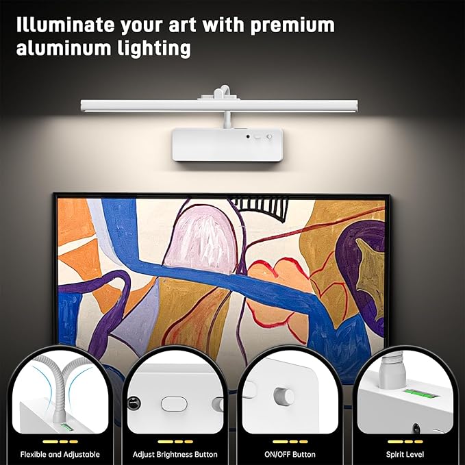 Picture Light, 15.35inch Wireless Picture Lights for Wall Rechargeable, Battery Lights for Pictures on Wall, 3 Color Art Lighting for Paintings with Timer and Dimmable Artwork Display (White-2PCS)