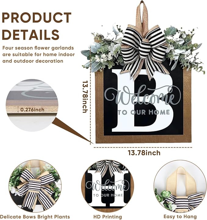 Ultra Large 14'' Last Name All Year Round Front Door Wreath with 26 Initial Letter Welcome Sign All Seasons Eucalyptus Garland and Bow Wreaths for Front Door Porch Farmhouse Decoration (B)