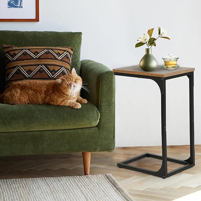 FDW C-Shaped End Table Wooden Top Side Table Adjustable Feet Small Cough Table Bedside End Table with Metal Frame for Bedroom Living Room,Set of 2,Brown
