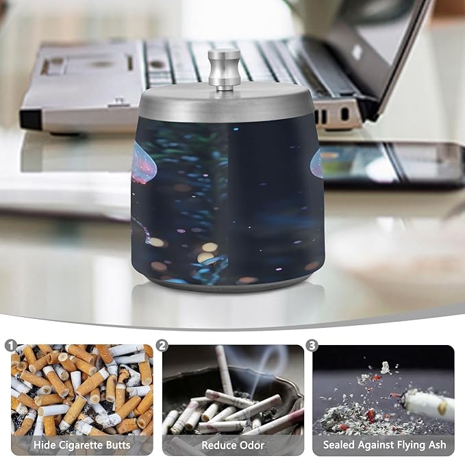 Jellyfish Ashtray with Lid, Outdoor Ashtrays for Patio, Stainless Steel Ashtray Odorless Smokeless for Home Office Balcony
