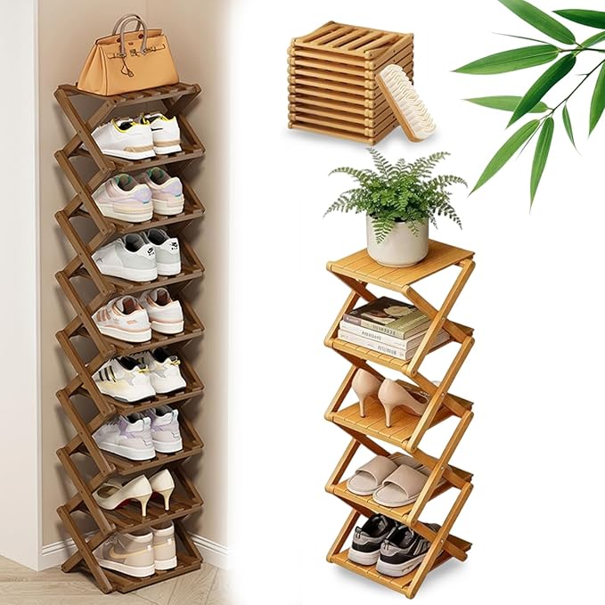 DDRIC 9-Tier No-Assembly Bamboo Rack, 2026 Upgraded Foldable Corner Shoe Rack, Space-Saving Organizer for Shoes, No-Tool Narrow Shelf for Entryway Closet Dorm (Nuture,5-Tier)