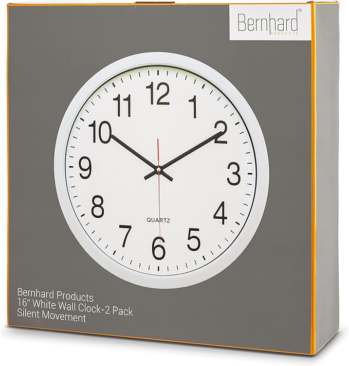 Bernhard Products White Wall Clocks, 2 Pack Silent Non Ticking - 16 Inch Extra Large Quality Quartz Battery Operated Round Easy to Read Home/Office/Business/Kitchen/Classroom/School Clock, Black Hands