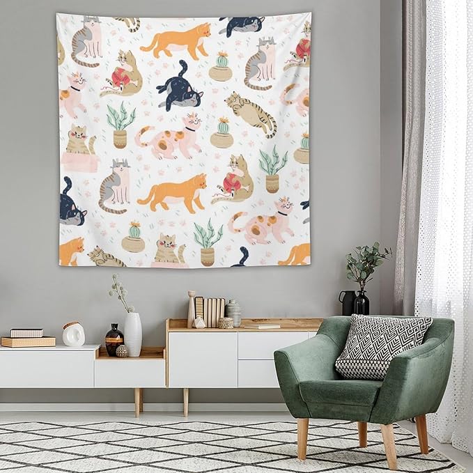 VUMIVI Cute Cat Tapestry Kids Hand-Painted Doodles Colorful Illustrations Potted Plants Paw Prints Tapestry Wall Hanging for Living Room Bedroom Dorm Classroom Aesthetic Decor W60xL60in