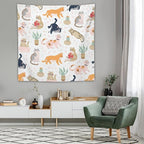 VUMIVI Cute Cat Tapestry Kids Hand-Painted Doodles Colorful Illustrations Potted Plants Paw Prints Tapestry Wall Hanging for Living Room Bedroom Dorm Classroom Aesthetic Decor W60xL60in