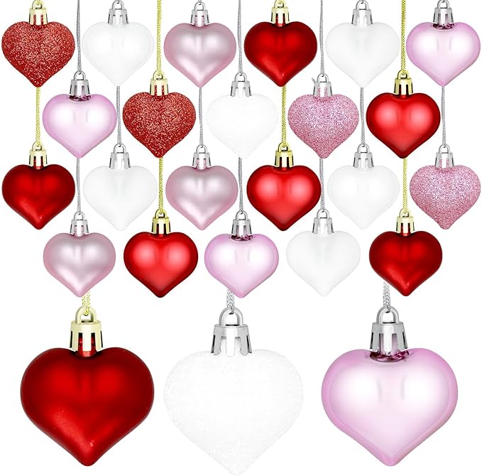 GP Life 36PCS Heart Ornaments for Valentine Tree, Hanging Decorations Included Pink White Red Heart Ornament
