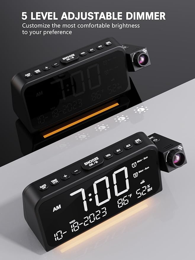 Mesqool Projection Alarm Clock for Bedroom, Digital Clock with Projection on Ceiling with Night Light, Date, Temperature, Humidity, Type-C USB Charger, Snooze, Dual Alarms, Dimmer,12/24H