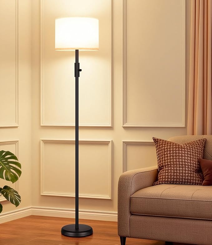 【Upgraded】 Dimmable Floor Lamp for Living Room,1000 Lumens Bulb Included, Modern Floor Lamps Simple Design with Linen Shade, Tall Standing Lamp for Bedroom Office Dining Room, Black Pole Lamp