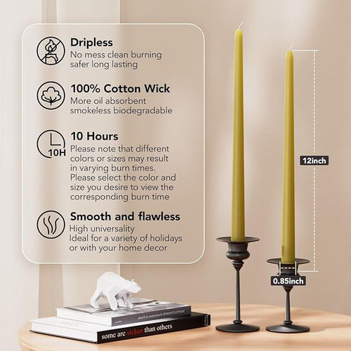 12-Inch Tall Dripless Taper Candles Set of 4 - Sage Green Tapered Candles, Perfect for Spring - Smokeless, Unscented, Long Burning - Hand Poured, Colored Tall Candlesticks - Verde salvia