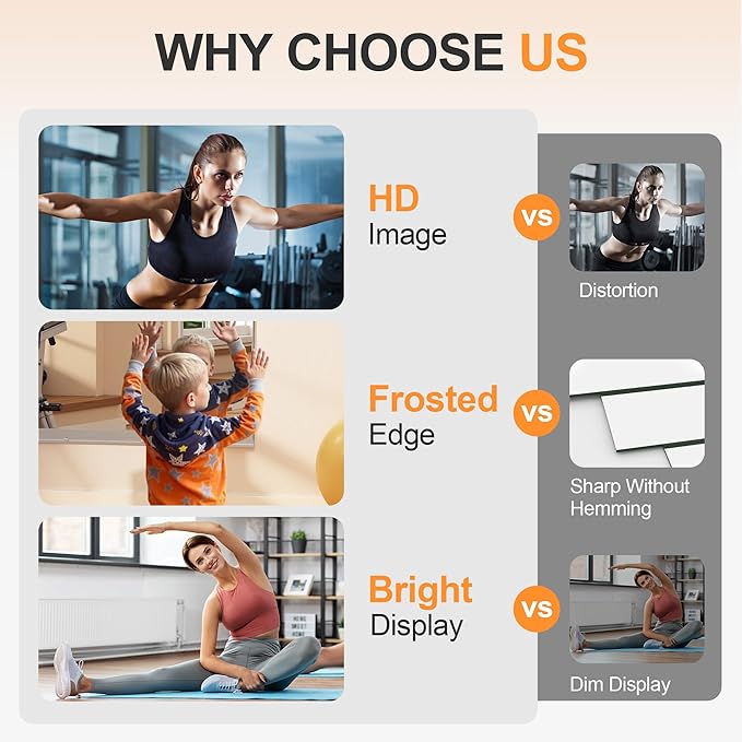 Hasipu Home Gym Mirror, 95"x40" Each, 2-Pack Frameless Wall Mounted Mirrors with Glass Clamps & 2 Aluminum Rail, Large Body Mirror for Home Gym, Yoga Studio, Bedroom, Silver Tempered Glass