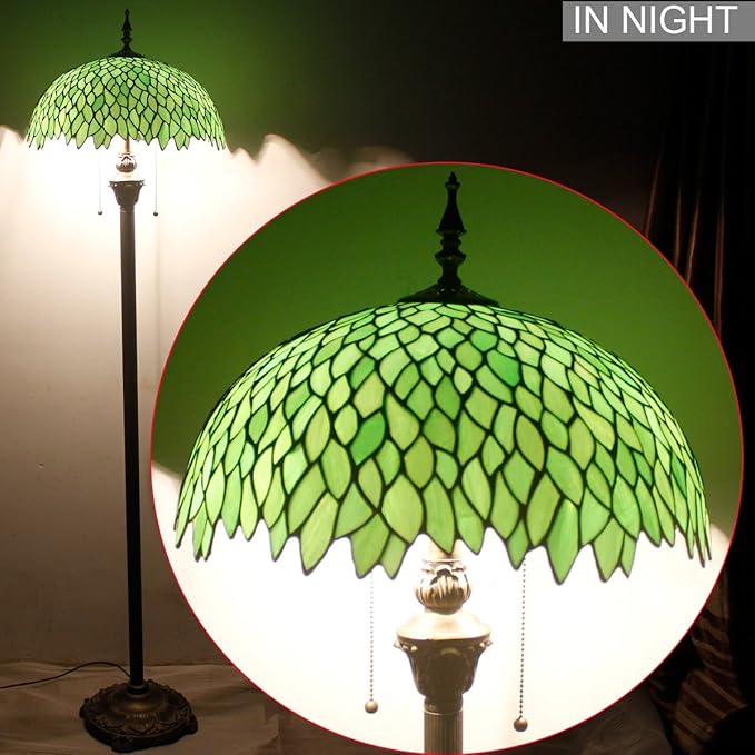 WERFACTORY Tiffany Floor Lamp Green Wisteria Stained Glass Standing Reading Light 16X16X64 Inches Antique Style Pole Corner Lamp Decor Bedroom Living Room Home Office S523 Series