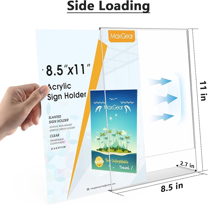 MaxGear Acrylic Sign Holder 8.5 X 11, Plastic Paper Holder With Vertical Slanted Back, Picture Photo Frames Display Stand Flyer and Document Organizer for Office Desktop Use,18 Pack