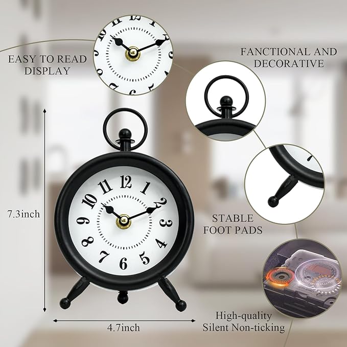 EMAX HOME Small Black Desk and Shelf Clock, 4.7*7.3 Inch Retro Elegant Tabletop Clock with Glass Cover, Silent Non-Ticking Battery Operated Decorative Clock for Living Room, Office, Bedroom, Gift Idea