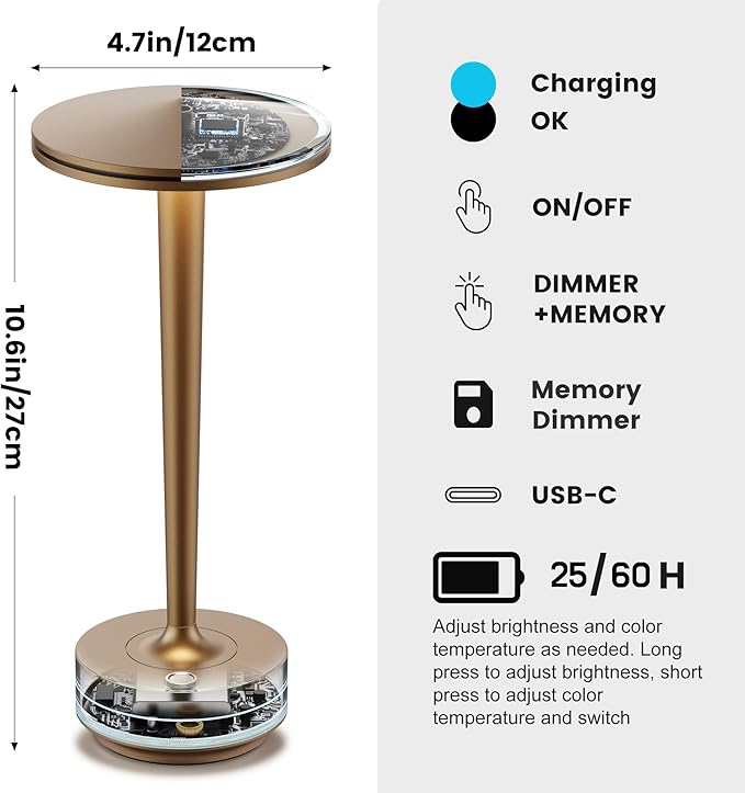 Cordless Table Lamp Rechargeable,6000mAh Battery Operated LED Desk Lamp 3 Color Stepless Touch Dimming,Waterproof Portable Memory Function Light for Bedroom,Outdoor,Patio,Dining,Restaurant Bronze