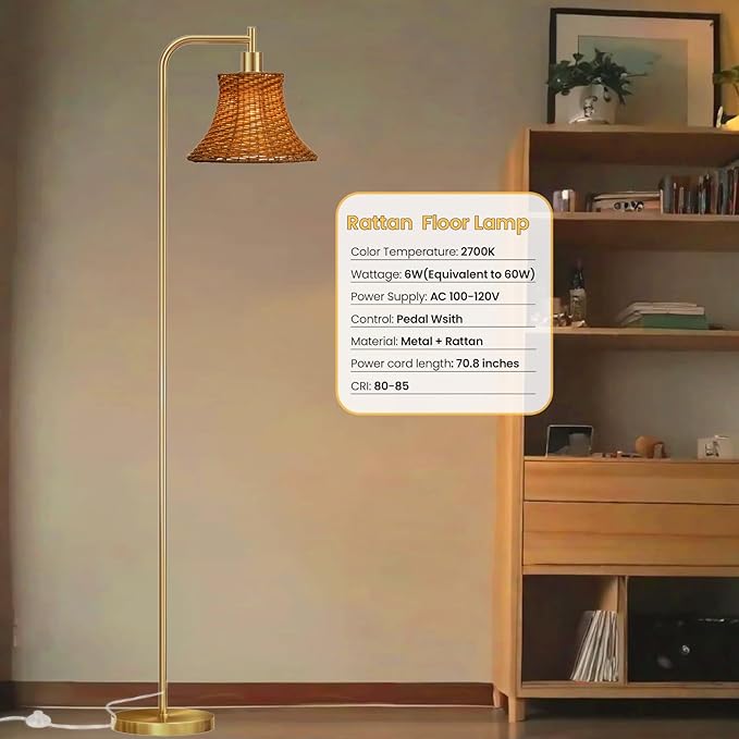 67" Modern Vintage Floor Lamp with Rattan Lampshade - Ideal for Living Room, Bedroom & Office - Heavy Base, Pedal Switch, Stable & Convenient Lighting Solution(Include E26 Bulb)