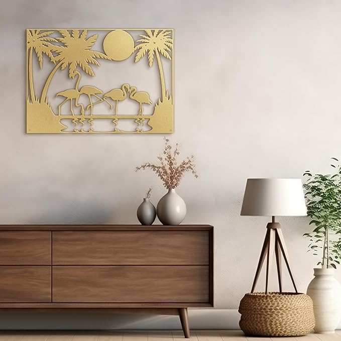 SIGNLEADER Metal Wall Art Moonlit Flamingos and Palm TreesDecor Modern Abstract Wall Sculpture Hangings Home Decoration for Living Room, Bedroom, Bathroom, Kitchen, Outdoor - 24" Gold