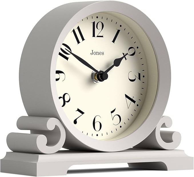 JONES CLOCKS® Saloon Mantel Clock | Traditional Double Scroll Design | Gray | Contemporary Classic Style for Desk, Table, Shelf or Bedside