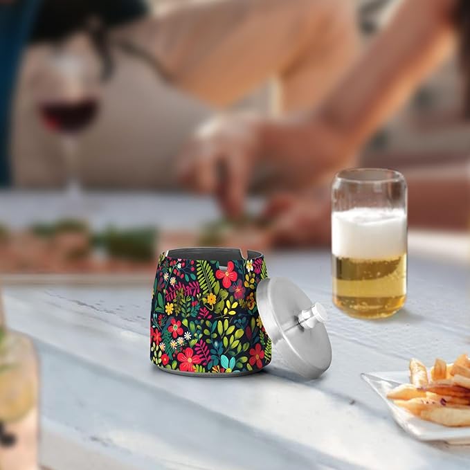 Colorful Bright Little Flowers Ashtray with Lid, Outdoor Ashtrays for Patio, Stainless Steel Ashtray Odorless Smokeless for Home Office Balcony