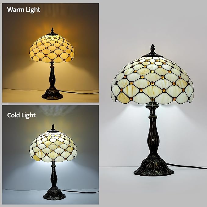 Tiffany Lamp Vintage White Cream Stained Glass Bead Table Lamp Desk Bedside Reading Light Decor Bedroom Living Room Home Office D12*H18 Inches