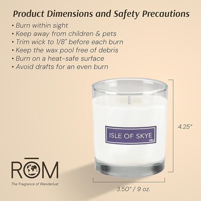 RŌM Luxury Scented Candles for Home, Isle of Skye - Soy Wax 9oz, Jar Soy Candles for Home Scented Aromatherapy, Christmas Gift for Women, 60 Hours Burn Time