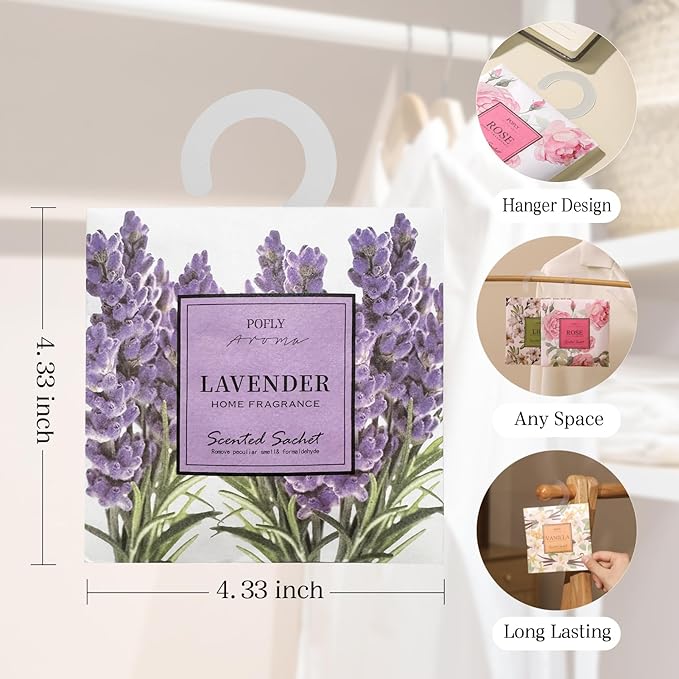 12 Pack Large Lavender Scented Sachets – Hanging Closet & Drawer Deodorizer & Air Freshener, Long-Lasting Aroma