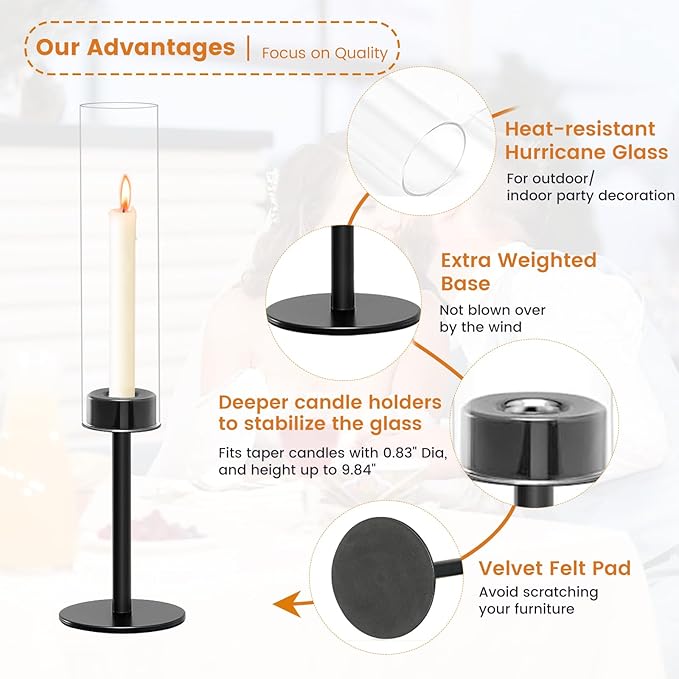 Black Taper Candle Holder Set with Glass Hurricane – Modern Candlestick Holders for Dining Room, Premium Gift Set for Wedding, Fall Centerpieces for Tables, Warmly Gift for Home Decor, Christmas Decor