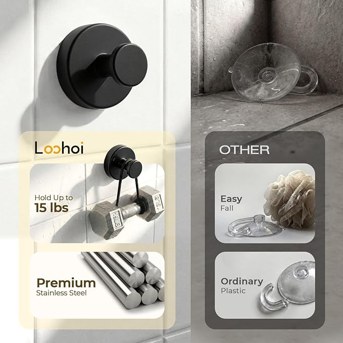 Upgraded Suction Cup Hooks for Shower, Heavy Duty Removable Towel Hooks for Bathroom Glass Door Wall, Stainless Steel Shower Hooks for Towel & Loofah (4 Pack, Black)