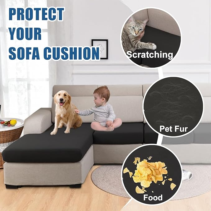100% Waterproof Couch Cushion Covers Sofa Seat Cover, Stretch Sofa Cushion Slipcovers for Sectional Sofa, Reversible Sofa Protector Covers for Kids Pets, Washable(Large, Black)