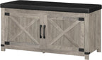 Shoe Storage Bench, 2 Tier Shoe Bench with Padded Seat Cushion & 2 Barn Doors, Entryway Bench with Adjustable Shelf, Farmhouse Shoe Cabinet for Living Room, Bedroom, Greige SB26605BK