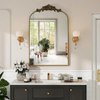 VooBang Vintage Arched Bathroom Mirror, 24x36 Inch Retro Wall Mounted Vanity Mirror with Carved Pattern Top and Metal Frame, Antique Decorative Mirror for Hanging or Leaning