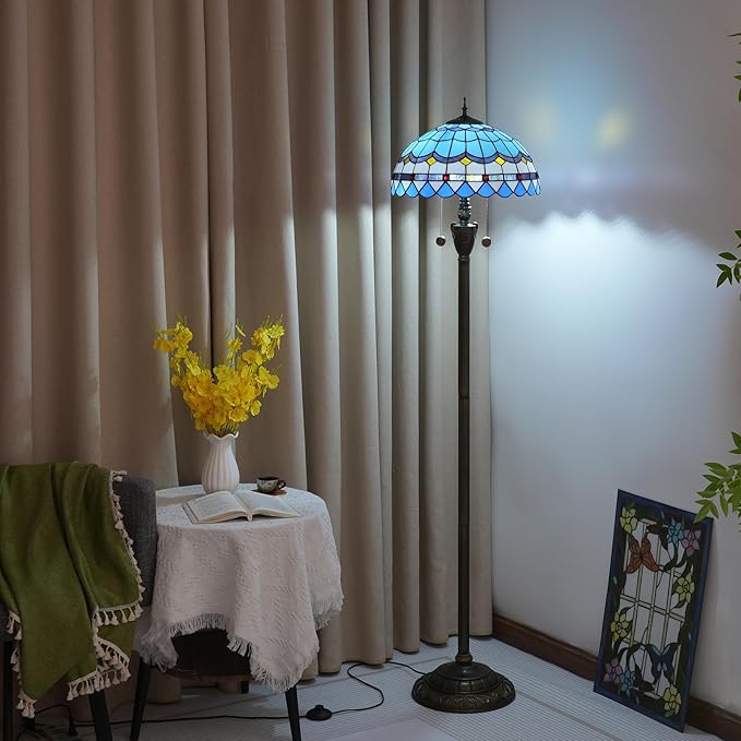 Tiffany Floor Lamp Blue Mediterranean Style Stained Glass Floor Light Bright Lighting Rustic Standing Lamp Vintage Unique Bronze Reading Corner Lamp for Home Decor Living Room Bedroom 16X16X64 Inches