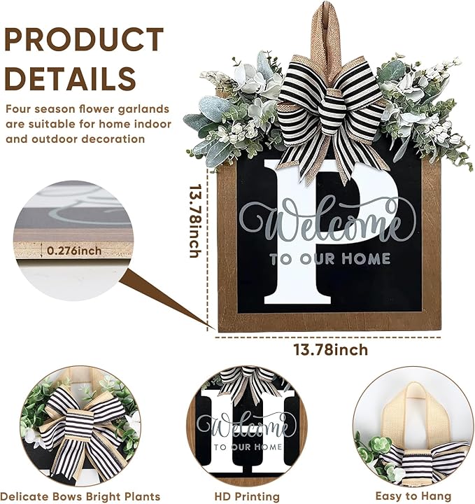 Ultra Large 14'' Last Name All Year Round Front Door Wreath with 26 Initial Letter Welcome Sign All Seasons Eucalyptus Garland and Bow Wreaths for Front Door Porch Farmhouse Decoration (P)