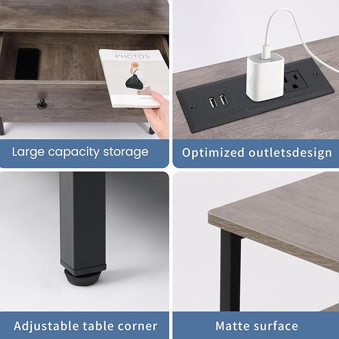 3 Wooden Drawers Night Stand, 27 Inch Wide Nightstand with Charging Station and Adjustable Drawers, Small Dresser for Closet, Bedside Table for Living Room/Bedroom/Office, Gray.