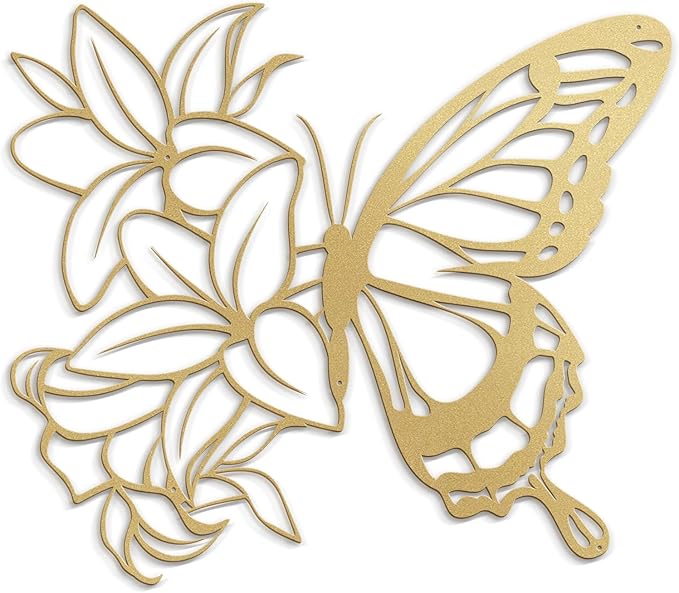 SIGNLEADER Metal Wall Art Decor Butterfly and Flowers Minimalist Modern Abstract Wall Sculpture Hangings Home Decoration for Living Room, Bedroom, Bathroom, Kitchen, Outdoor - 30" Gold