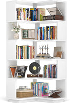 Armocity Corner Book Shelf - 6-Shelf Corner Bookshelf Etagere Bookcase with Baffle, Freestanding L Shaped Display Shelf Stand for Home Office, Living Room, Bedroom, Kitchen, White