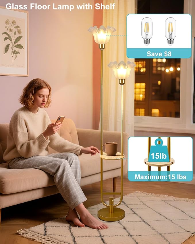 Dimmable Flower Floor Lamps with Table, 2-Lights Dimmable Floral Floor Lamp, 3000K Warmwhite Candle Holder Style Modern Floor Lamp, Rustic Gold Standing Lamp for Living Room Bedroom