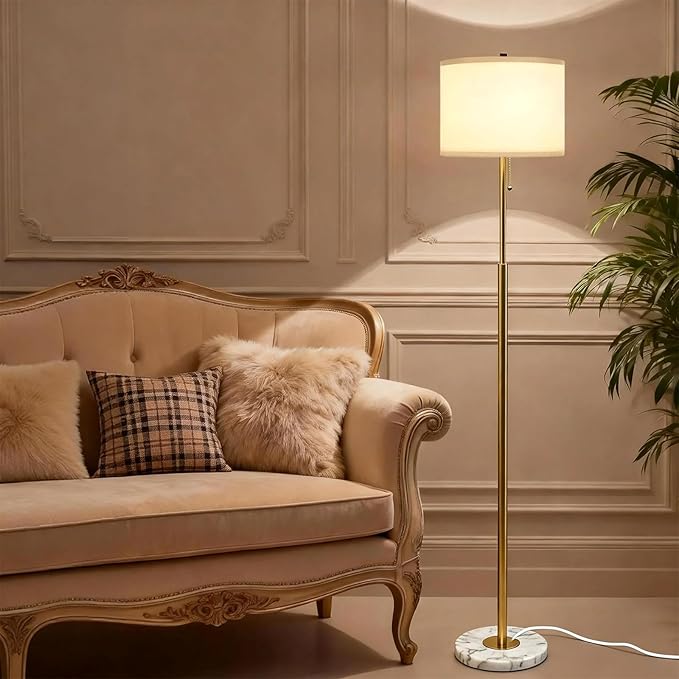 Modern Floor Lamp for Living Room with White Shade, Pull Chain Switch, 66" Tall Industrial Floor Lamps Reading with Marble Base for Bedroom Office (9W LED Bulb Included) -Gold