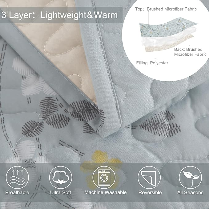 Exclusivo Mezcla Reversible Boho Quilts King Size, Light Blue Bedspreads Lightweight Coverlet All Season Flowers Quilt Bedding Set with Printed Floral Pattern (1 Quilt, 2 Pillow Shams)