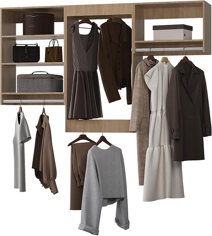 Modular Closet System, 96" Wide Closet Organizer System with Hanging Shelving , Wood Tower Closet Storage for Walk In Closets, Wall Mounted Wardrobe Organizer Kit System, Bedroom, Wood