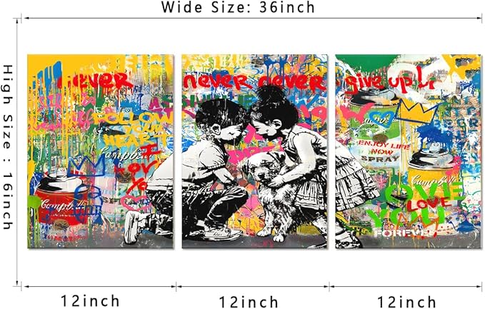Novatique Street Graffiti Wall Art Banksy Canvas Wall Art Boy and Girl Street Art Print Modern Graffiti Art Abstract Painting Pop Art Wall Decor for Bedroom Living Room, 12”x 16”x 3Pcs
