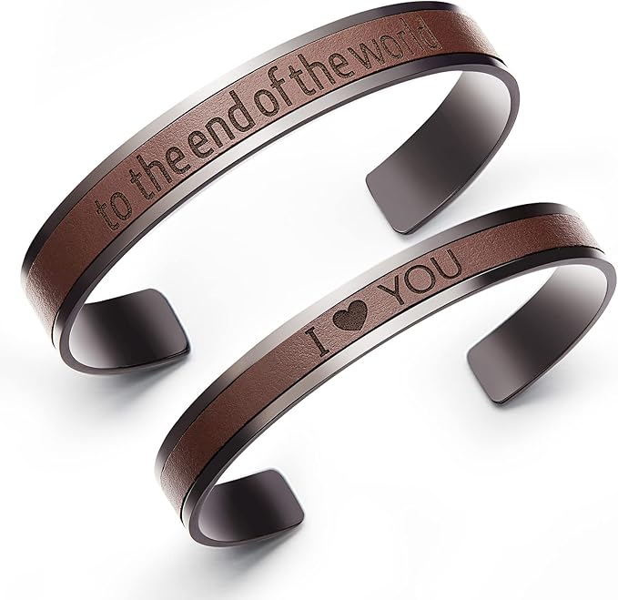 AW BRIDAL Anniversary Engagement Gifts Valentines Day Gifts, Unique Wedding Gift for Couple Matching Couple Bracelets Stainless Steel & Leather Cuff Bracelets for Women/Men, Brown