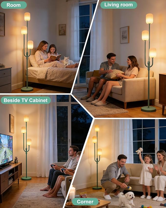 Lightdot 66IN Dimmable Floor Lamp 3-Lights Vintage Green Floor Lamps with Cylindrical Shade& Bulbs Included for Wedding/Party Modern Tall Standing Lamp for Living Room/Bedroom/Sofa Beside/Corner Decor