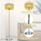 Luvkczc Crystal Floor Lamp Yellow, 64" Tall Elegant Standing Lamp with On-Off Foot Switch, Double-Layer Lampshade, Standing Lamps for Living Room, Bedroom, Office, 8W Bulb Included