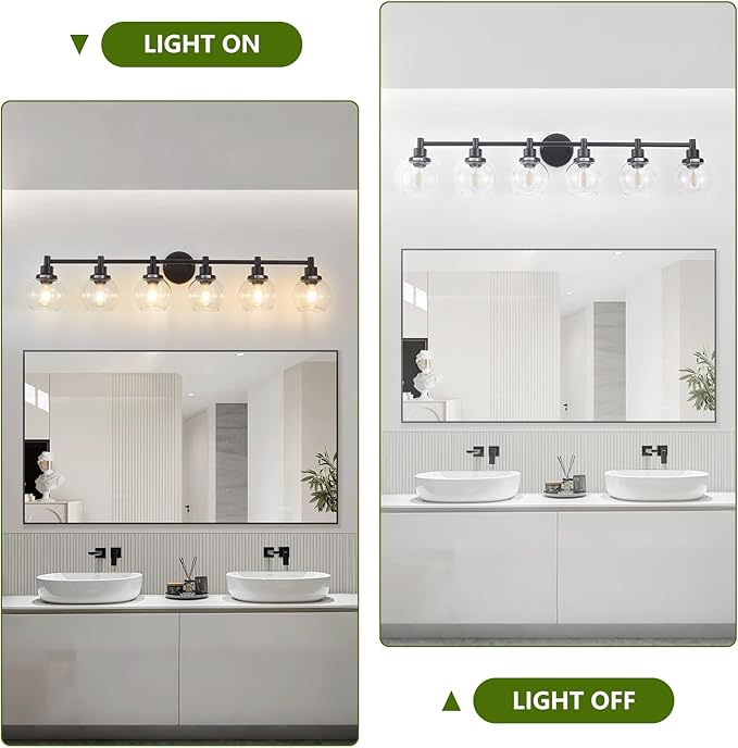 6-Light Bathroom Light Fixture Black Vanity Lights Over Mirror Modern Wall Sconce Farmhouse Vintage Bathroom Vanity Lighting with Glass Shade for Bedroom Hallway Cabinet Bathroom