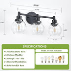3-Light Bathroom Light Fixture Black Vanity Lights Over Mirror Modern Wall Sconce Farmhouse Vintage Bathroom Vanity Lighting with Glass Shade for Bedroom Hallway Cabinet Bathroom