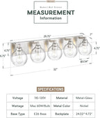 Bathroom Light Fixtures, 5 Light Brushed Nickel Vanity Light, 32 Inch Modern Wall Sconces with Globe Clear Glass Shade, Vanity Lighting Fixtures Over Mirror, VL195-BN-CL-5