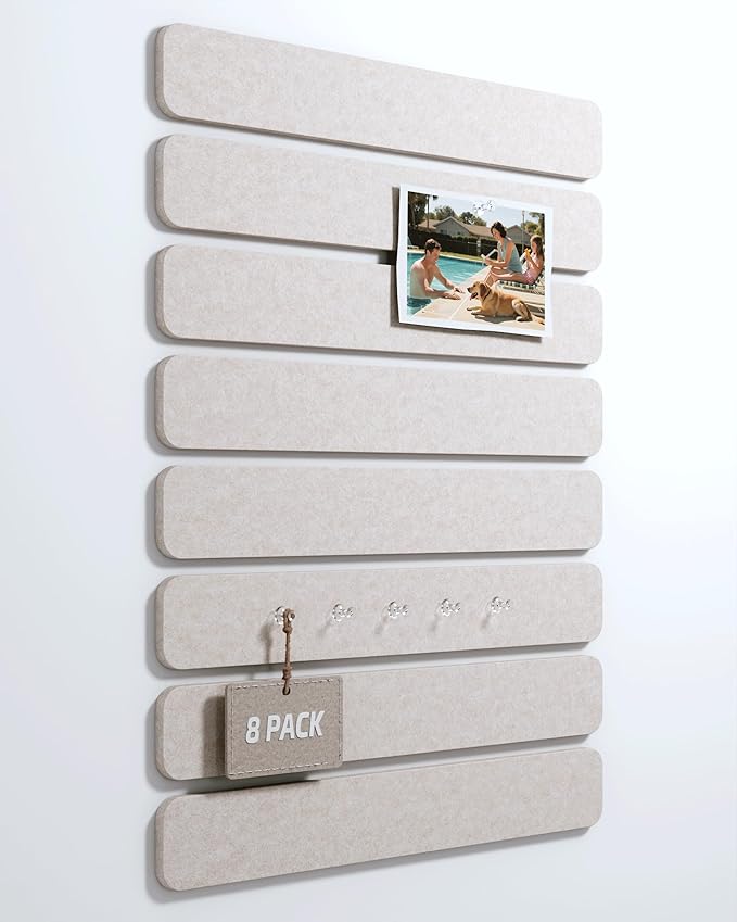 Fluxynara Cork Board Alternative Felt Strip Board 8-Pack 13"x2", Office Pin Board with 50 Push Pins, Adhesive Install for Bedroom Door & Home Office(Oatmeal)