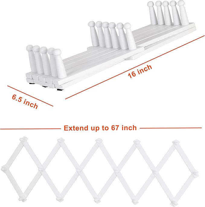 Dseap Accordian Wall Hanger: 16” High Wooden Wall Expandable Coat Rack, Hat Rack Holder, Accordion Hook for Baseball Caps, Coats, Mugs, 16 Peg Hooks, White