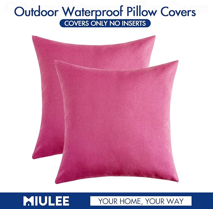 MIULEE Pack of 2 Decorative Outdoor Solid Waterproof Throw Pillow Covers Faux Linen Garden Farmhouse Cushion Cases for Patio Tent Balcony Couch Sofa 16x16 Inch Hot Pink