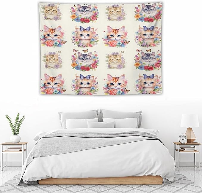 VUMIVI Watercolor Flower Cat Tapestry Colorful Cartoon Cute Animals Butterflies Abstract Art Print Tapestry Wall Hanging for Living Room Bedroom Dorm Classroom Aesthetic Decor W40xL30in